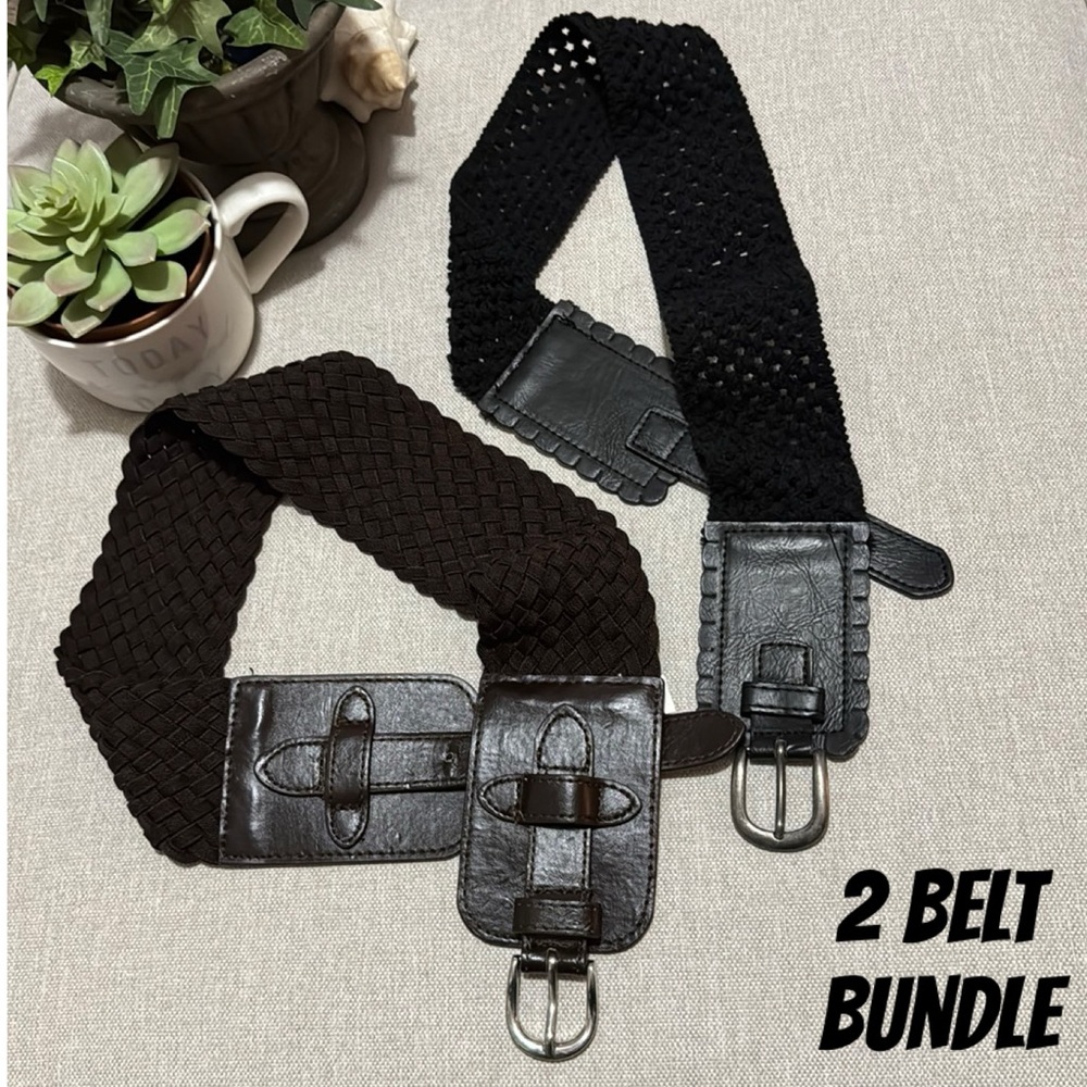 Belt Bundle-2 Belts-Sz S-Black & Brown-Silver Hardware-Cloth/Stretchy-Wide-EUC